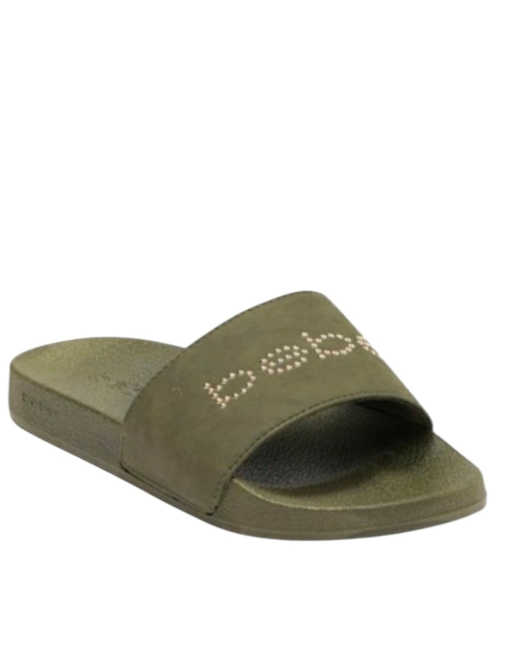 Bebe Fiyera Pool Slide Sandals Army Green with Gold Studded Bebe Logo